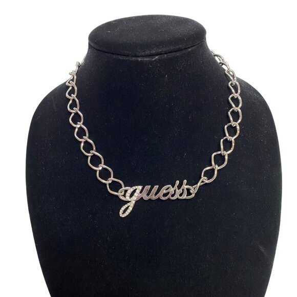 Guess Silver-Tone Chain Necklace & Bracelet Set With Rhinestone Script Logo NIB - Picture 2 of 14